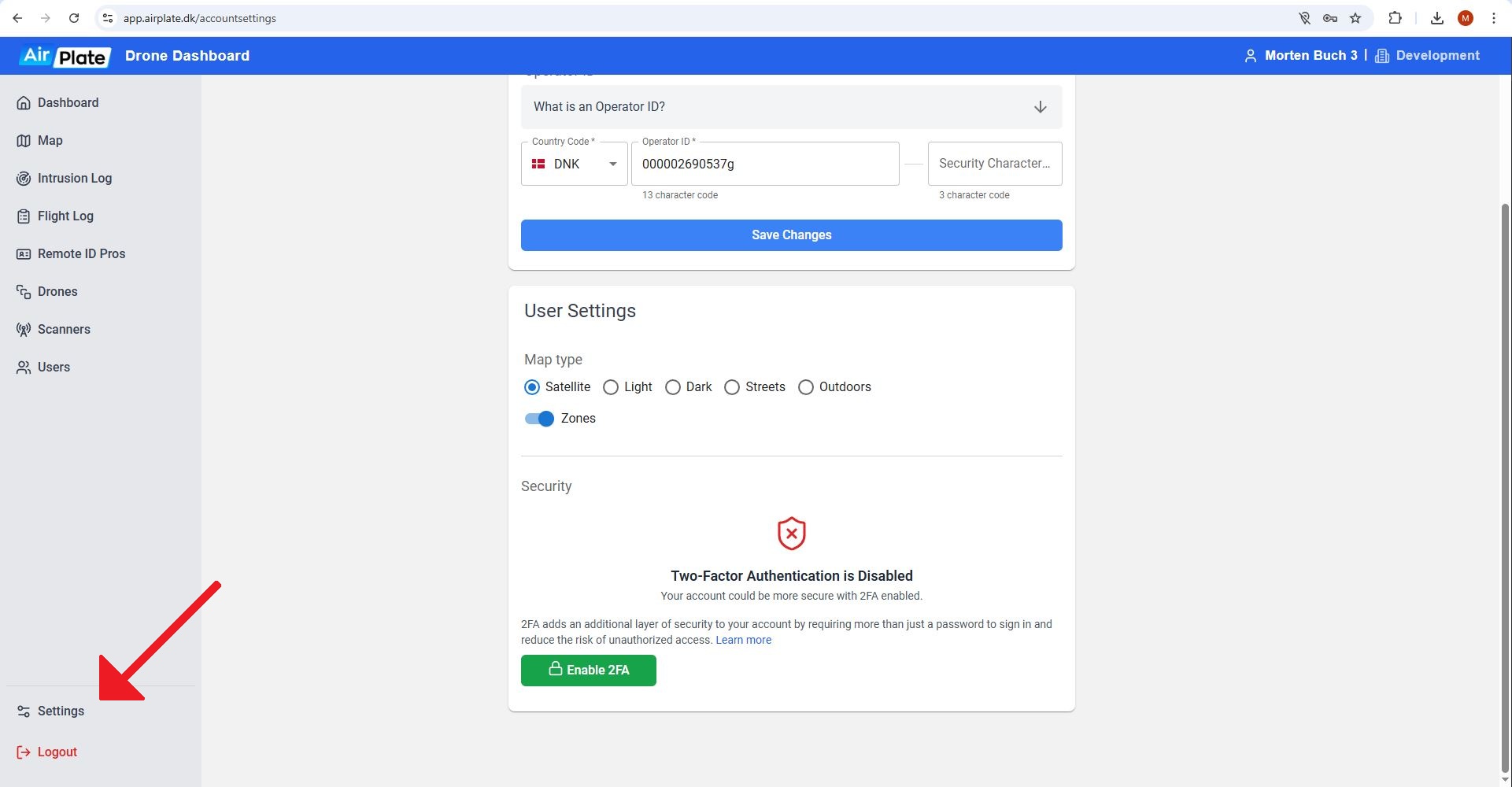 Enable 2FA on settings page